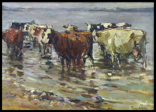 Piotr Ivanovich Petrovichev (Russian 1874-1947), oil on canvas, cows watering, signed, 14 x 20 1/4 inches, framed 20 1/2 X 26